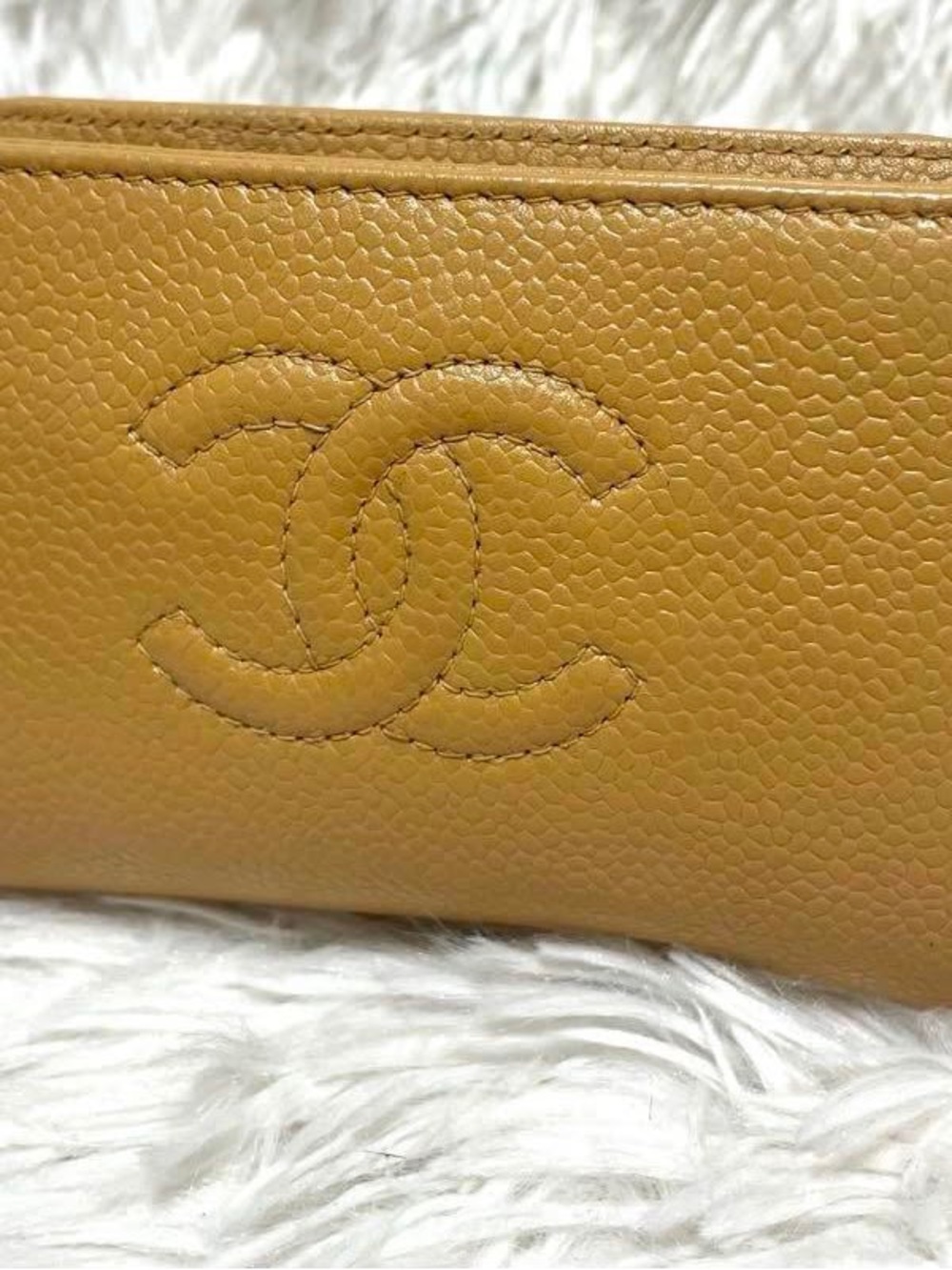 CHANEL Mustard Yellow Caviar Leather Wallet with Stitched CC